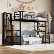 Letto a castello 90x200 cm in ferro con scala di sicurezza, armadio piccolo e ripiani, design con alta barriera, colore nero