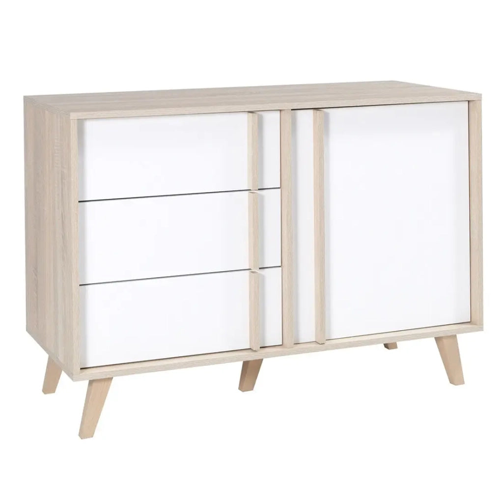 Comò 1 porta e 3 cassetti MALMO color rovere chiaro e bianco