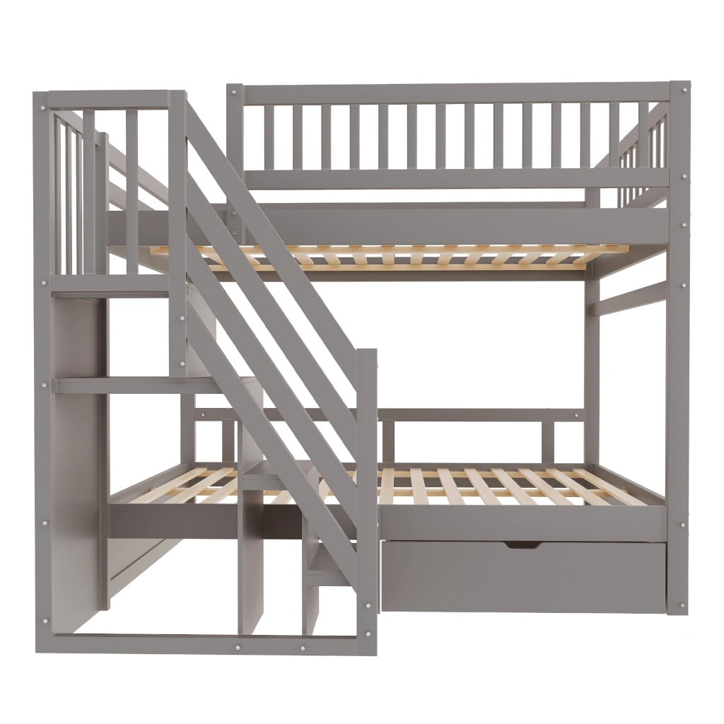 Letto a castello 2 posti con scala contenitore; 1 cassetto; sponde; senza materasso; legno grigio