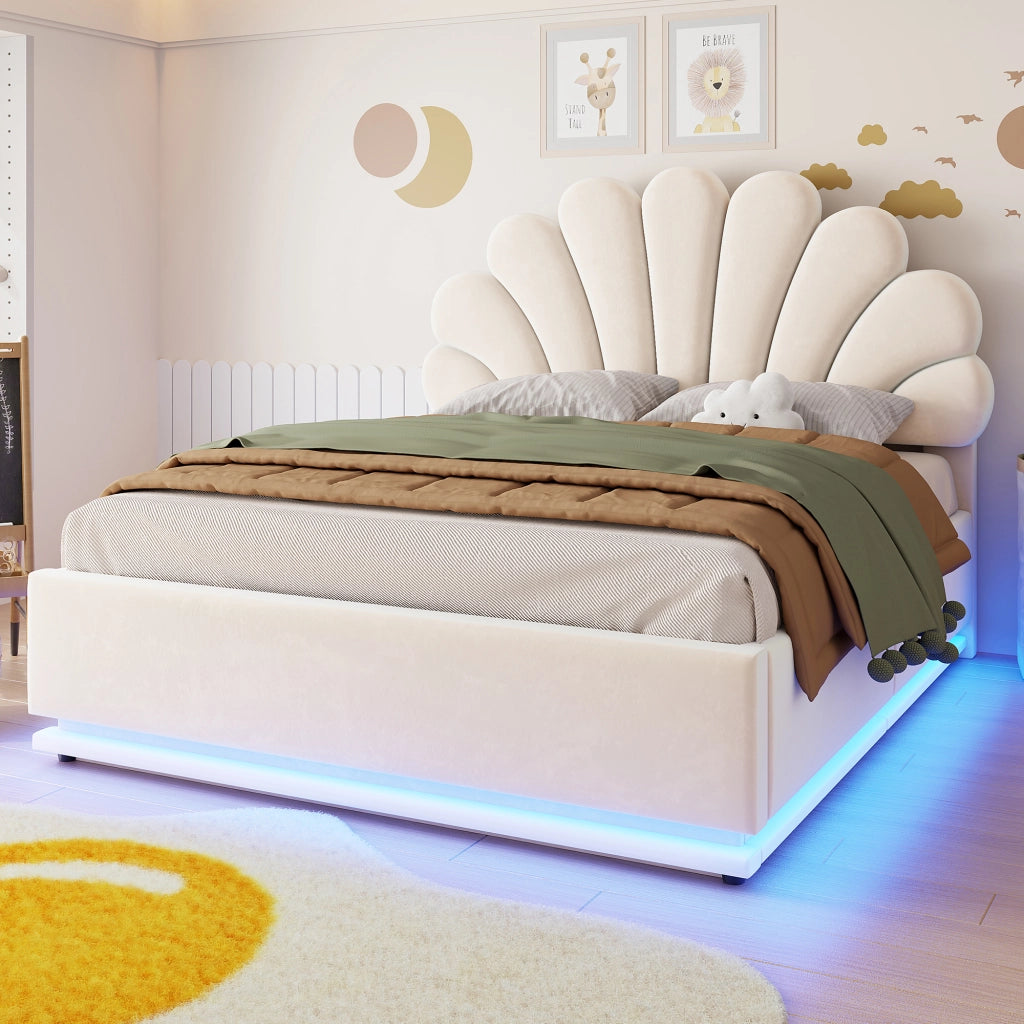 Letto contenitore matrimoniale 140×200 cm con testiera a fiore; LED; senza materasso; velluto; beige