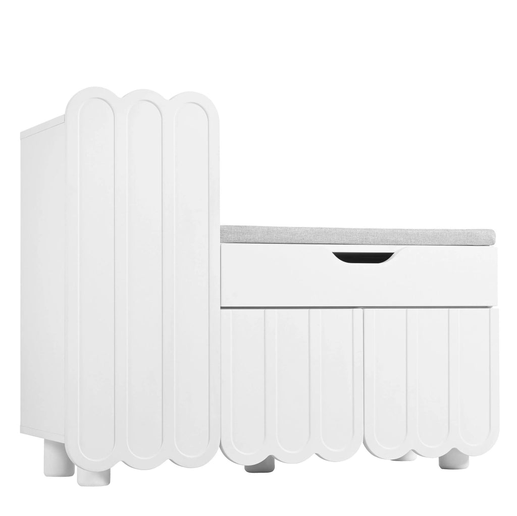 Scarpiera a 3 ante con cassetto e seduta imbottita 90x35x74;5 cm; bianco in MDF