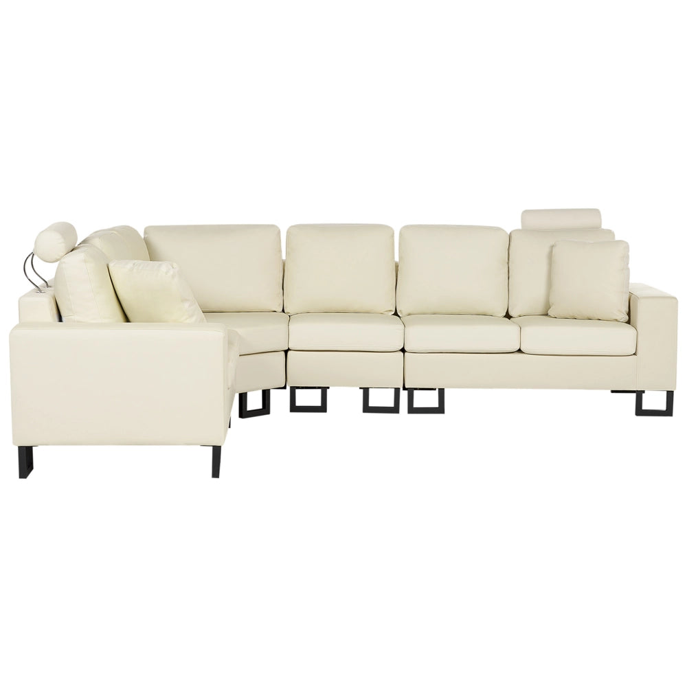 Divano angolare moderno in pelle beige chiaro versione destra con poggiatesta regolabili