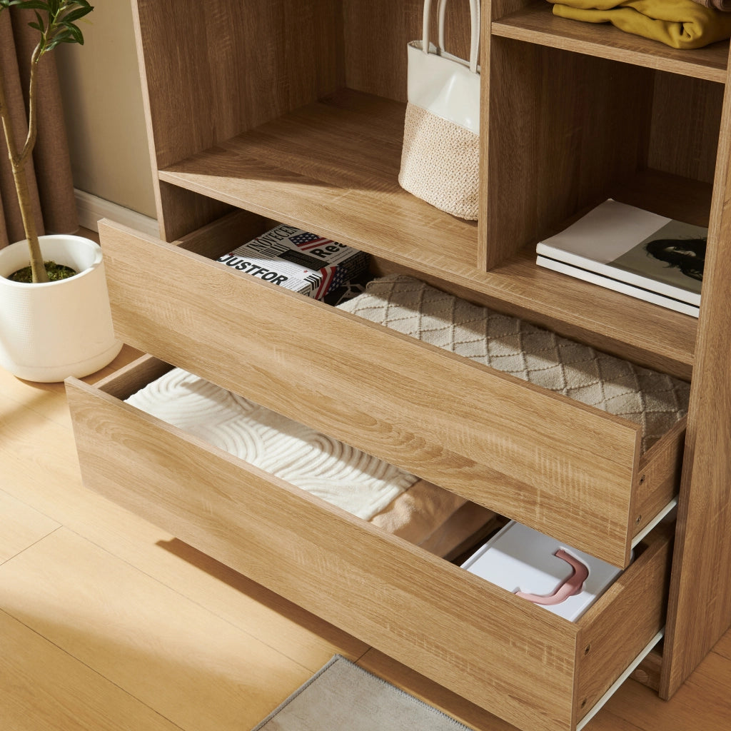 Armadio Aperto Vippsaki Guradaroba con Barra Appendiabiti 4 Scomparti e 2 Cassetti 200 x 100 x 50 cm - Effetto Rovere [en.casa]