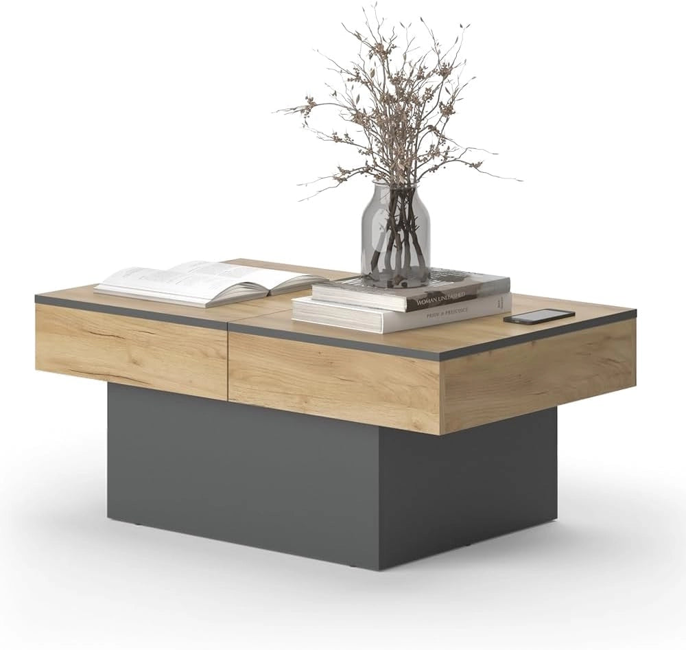 Tavolino Boto, Antracite/quercia dorata, 95 x 58 cm Estensibile, estendibile e pieghevole per un utilizzo flessibile negli ambienti domestici