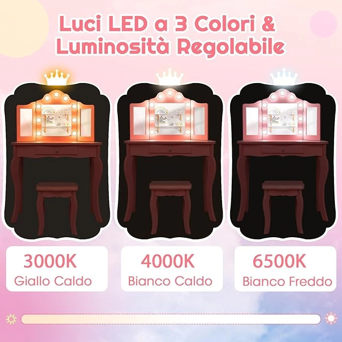 Toeletta Trucco 2 in 1 per Bambina, Specchiera Staccabile per Ragazza in Legno con Sgabello, Cassetto, Ripiani e Giocattoli, Postazione Trucco per 3 Anni, 70 x 34 x 103 cm (Rosa)
