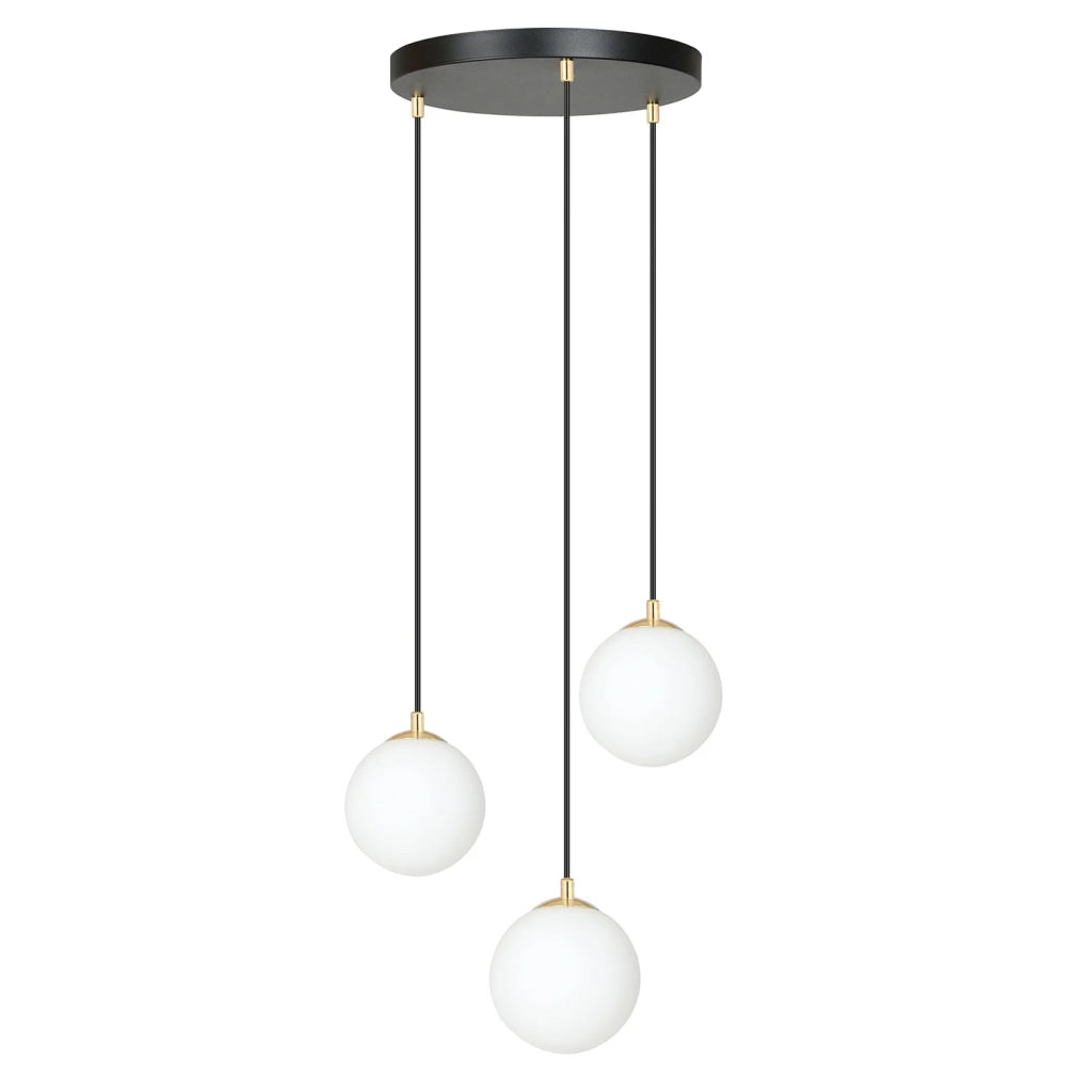 Sospensione Contemporanea Nuada 3 Luci In Acciaio Nero/Oro Sfere Vetro Bianco