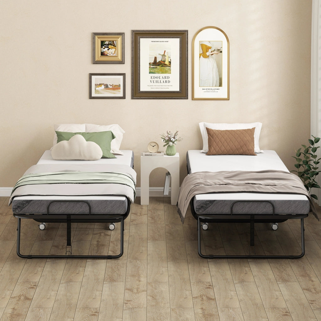 Letto Pieghevole Singolo 90x200 cm con Materasso Spesso 10 cm Rete in Metallo Nero