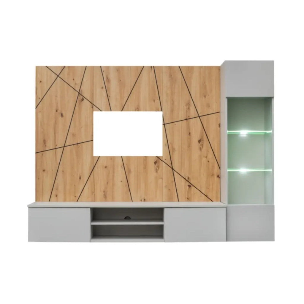 Composizione murale IXAR geometrica – Mobile TV + vetrina sospesa + pannelli decorativi