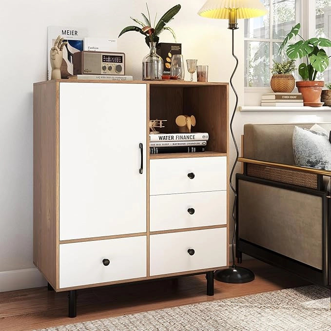 Credenza a Buffet, Armadietto da Cucina con 4 Cassetti, Scomparto Aperto e Gambe in Metallo, per Sala da Pranzo, Soggiorno, Ingresso, 80 x 45,5 x 97,5 cm (Naturale)