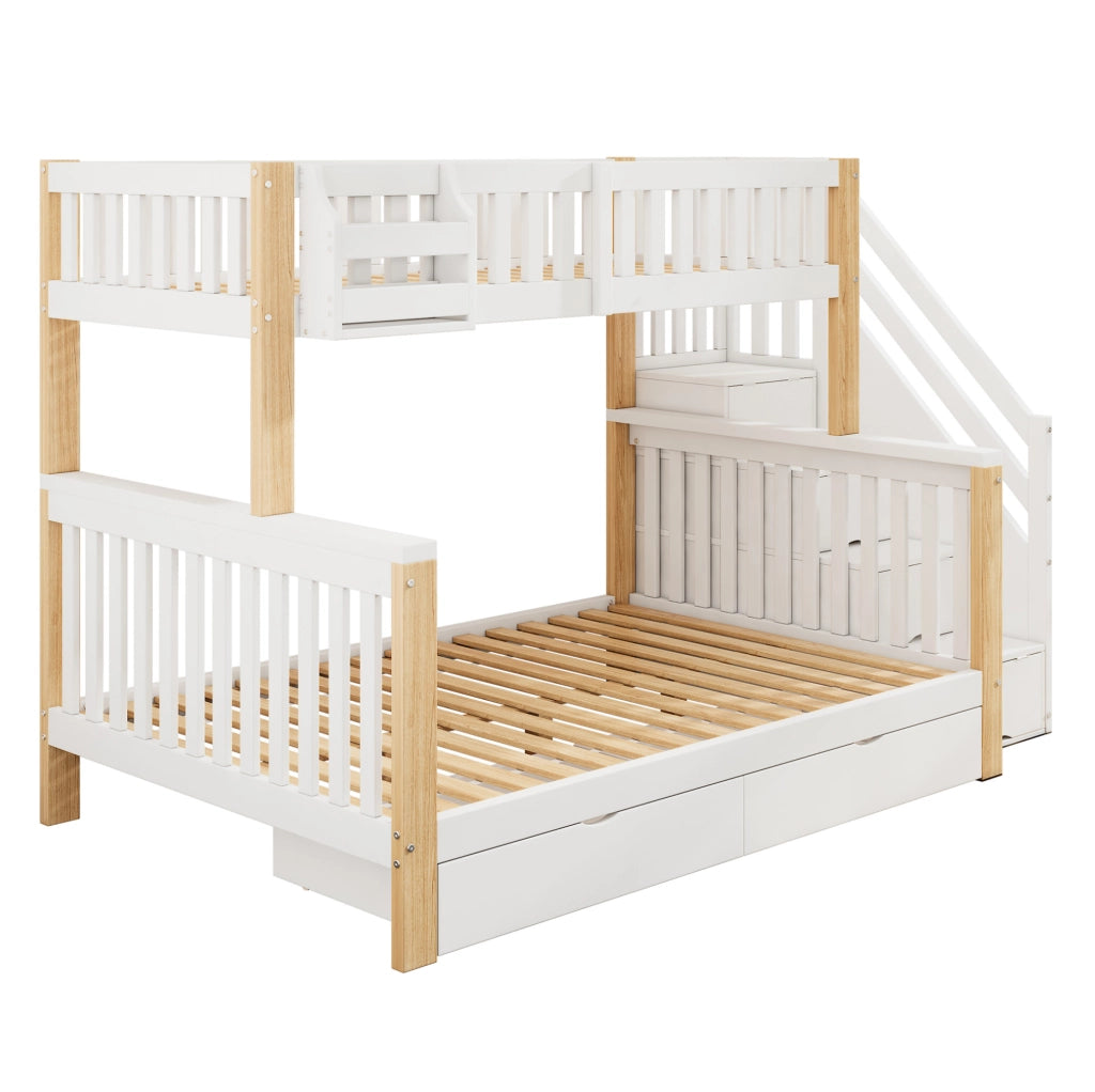 Letto a castello per bambini 90x200 e 140x200 cm con scale contenitore; bianco naturale