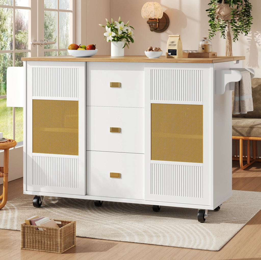 Isola da cucina mobile con piano ribaltabile, 146,85x70x90 cm, bianca, MDF e metallo