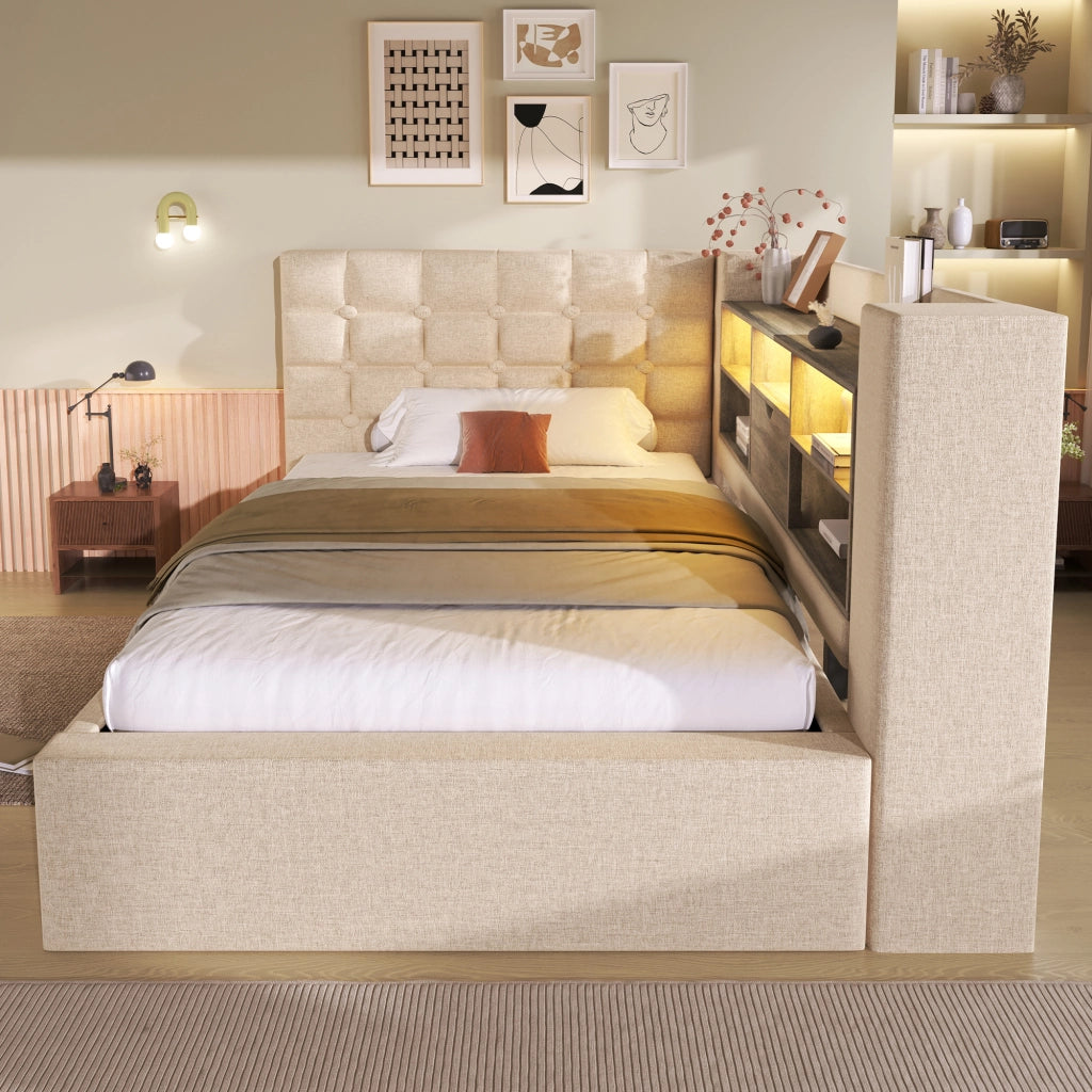 Letto imbottito idraulico con illuminazione a LED 90x190 cm colore beige lino