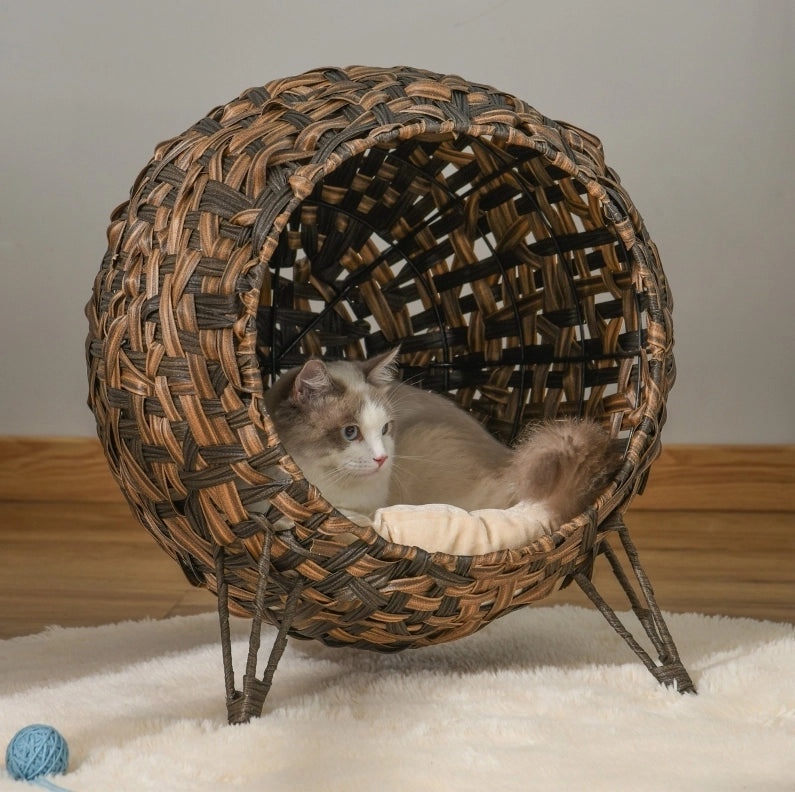 Cuccia rialzata per gatti in rattan PE con cuscino marrone