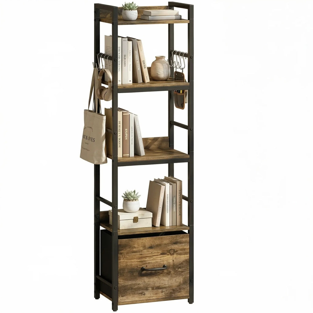 Libreria stretta 4 ripiani con cassetto e 8 ganci