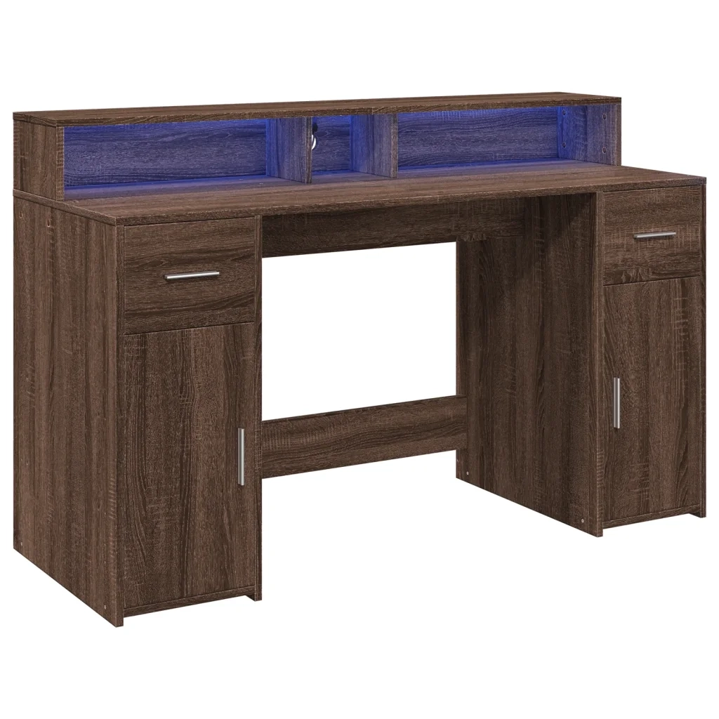Scrivania con Luci LED Marrone Rovere 140x55x91 cm Multistrato 3309426