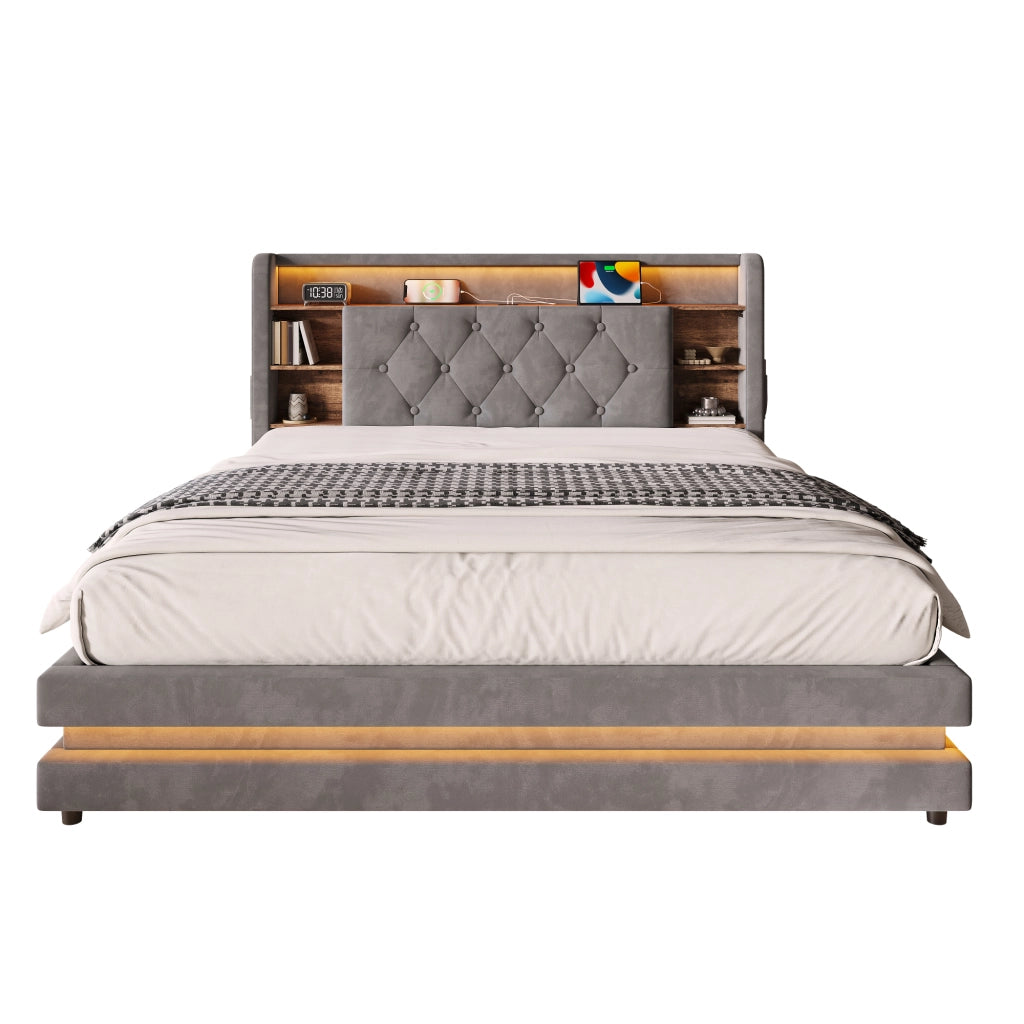 Letto imbottito 140x200 cm con testiera multifunzione; LED e USB in velluto