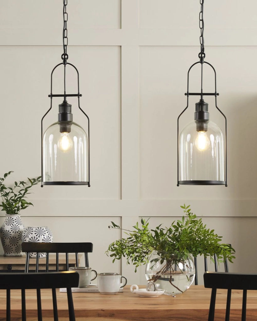 Lampada a sospensione in metallo Nero da 166 cm con montatura in vetro trasparente e paralume in stile retrò