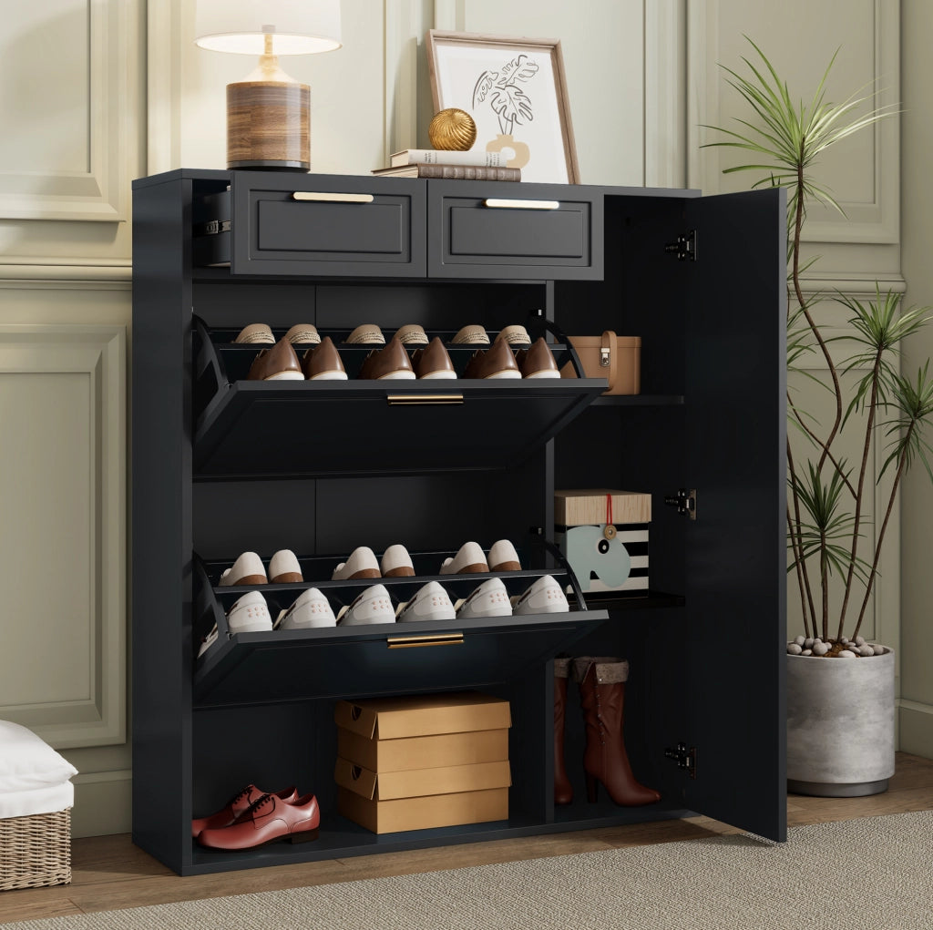 Scarpiera ULEVR 95x24x107 cm con 2 cassetti, ripiani regolabili e vani aperti, nera