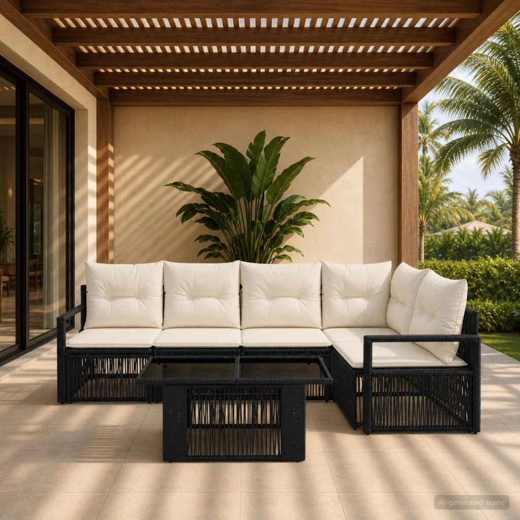 Set Divano da Giardino 6 pz Nero e Bianco Crema polyrattan 3437095