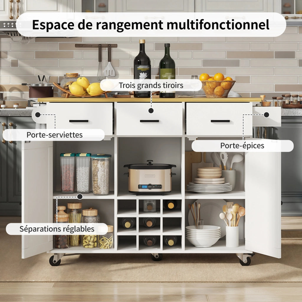 Carrello da Cucina con 3 Cassetti; 2 Ante; Piano Pieghevole; Portasciugamani e Portaspezie; Bianco