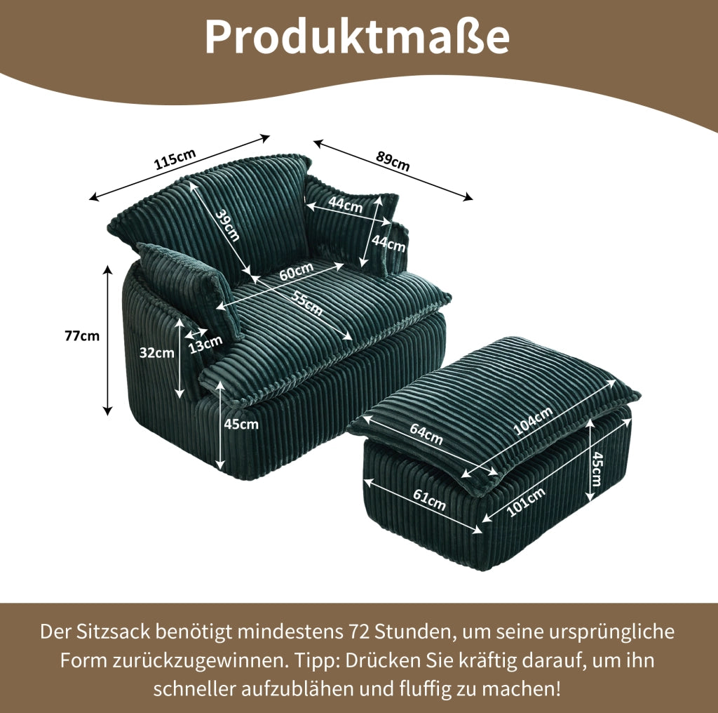 Poltrona 115x89x77 cm verde 1 posto con poggiapiedi, tessuto, senza montaggio