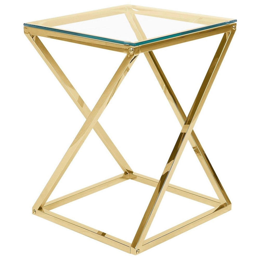 Tavolino dorato Struttura In Acciaio Vetro Piano Quadrato Geometrico Glam Design