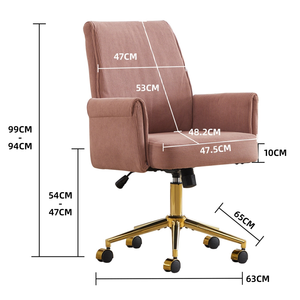 Sedia da ufficio girevole ergonomica con supporto lombare, base dorata e imbottitura in velluto a coste rosa