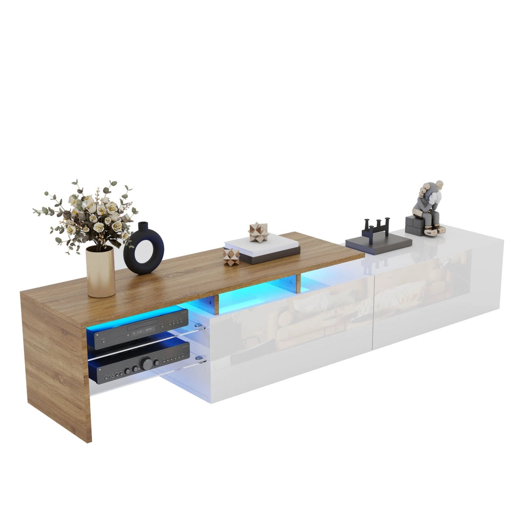 Mobile TV con 2 Vani; Ripiani in Vetro e LED 16 Colori; Moderno Lucido; 170¡Á33¡Á33;5 cm; Bianco Naturale