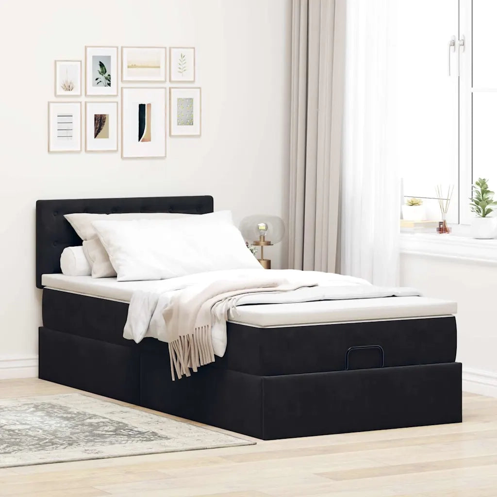 Struttura Letto Pouf con Materasso Nero 90x200 cm in Velluto 3312742