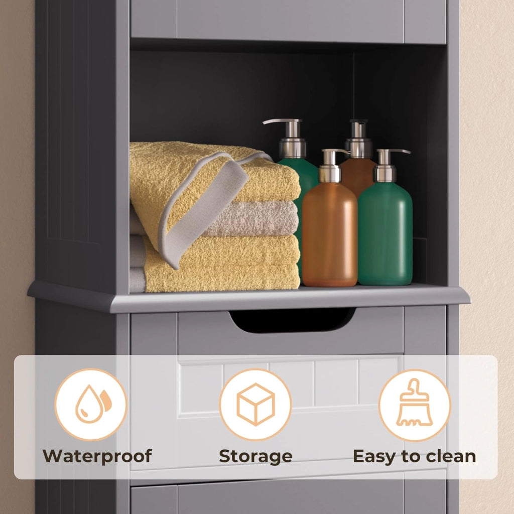 Armadio da bagno alto,Colonna Bagno Stretta con ripiani regolabili, cassetto, scomparto aperto, ante magnetiche e antiribaltamento, 170 x 40 x 30CM Grigio