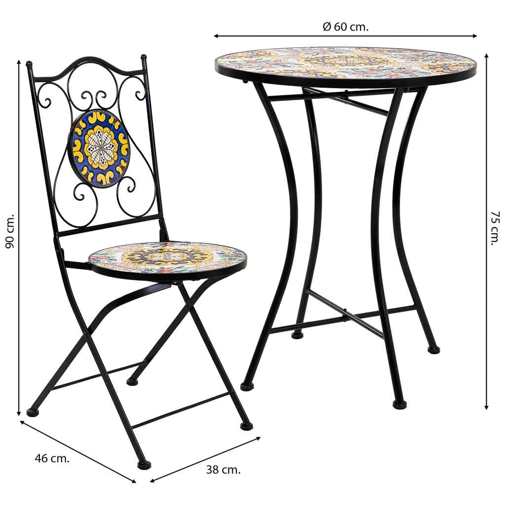 Set tavolo e due sedie in mosaico nero e ferro battuto tavolo: D60x75h - sedia (2): D38x46-90h