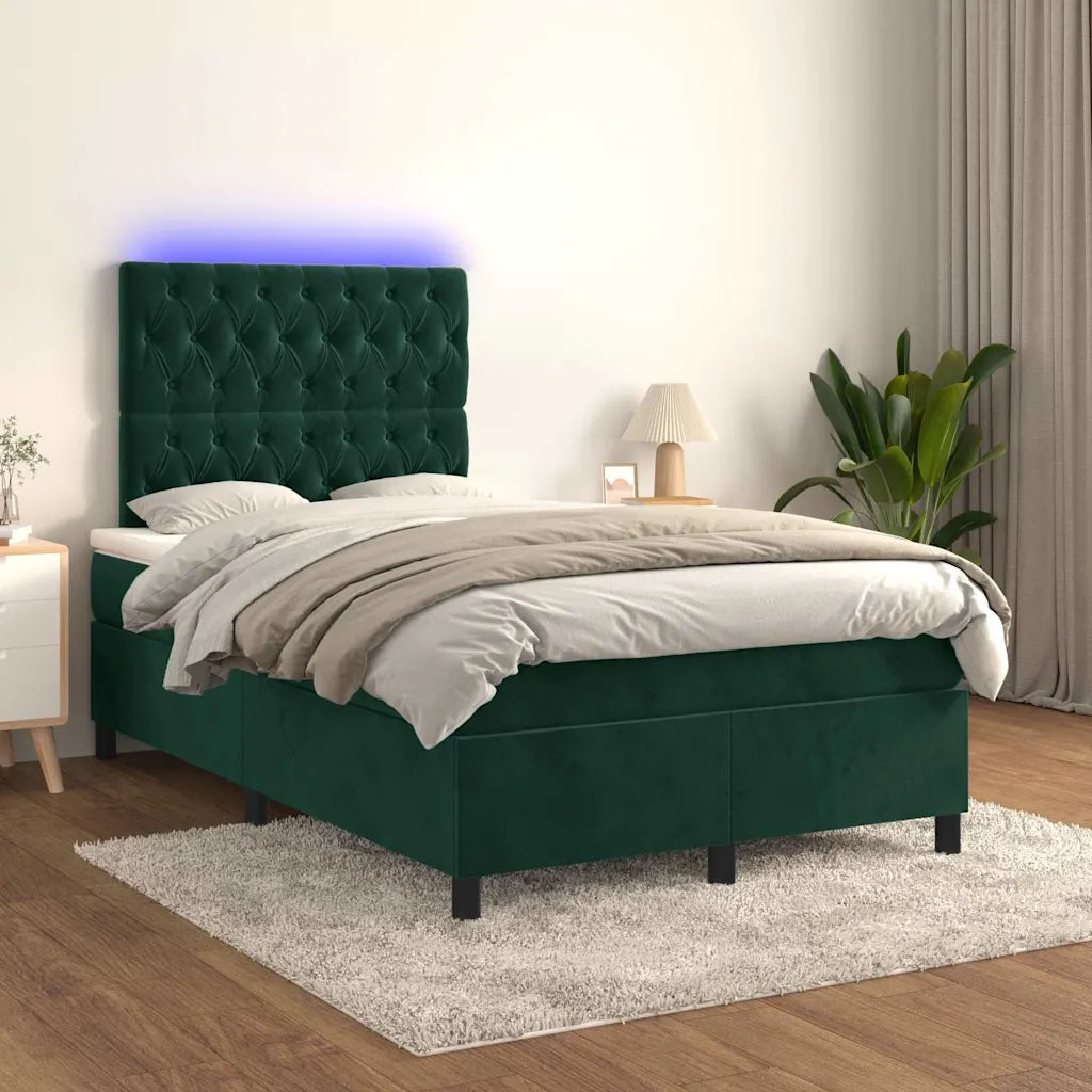 Letto a Molle con Materasso e LED Verde Scuro 120x190cm Velluto