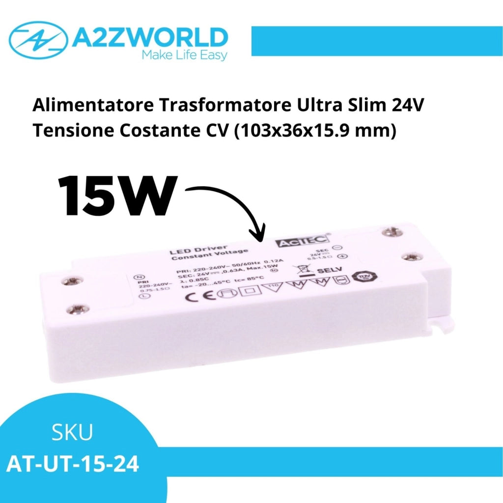 Alimentatore Trasformatore Ultra Slim 15W 24V 0.63A Tensione Costante 103X36X16 mm