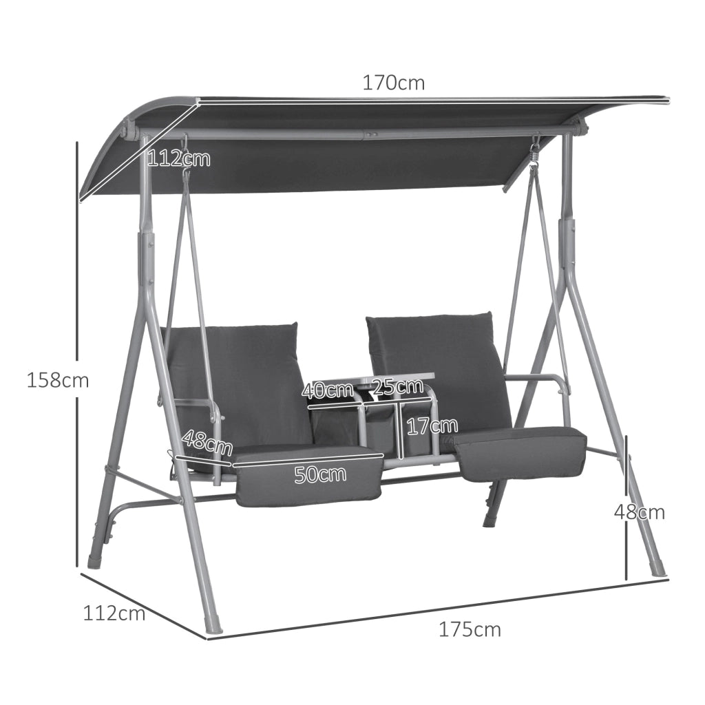 Dondolo 2 Posti con Tavolino e Portabicchieri 175x110x165 cm in Metallo e Poliestere Grigio