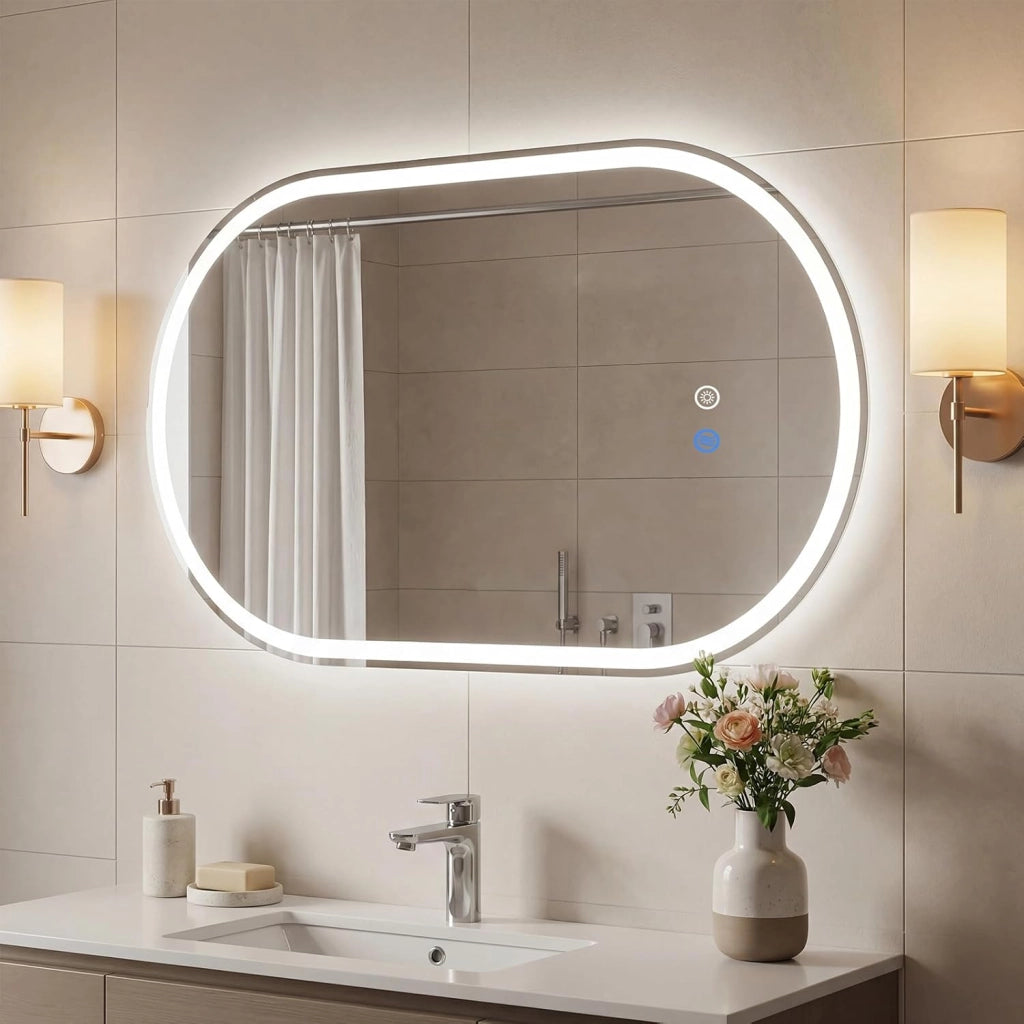 Specchio Bagno con Luce 80 x 50 cm, Specchio Ovale da Parete in Vetro Temperato IP44 con 3 Colori Dimmerabile, Antiappannamento, Memoria, Orizzontale/Verticale (80 x 50 cm, Modello 2)