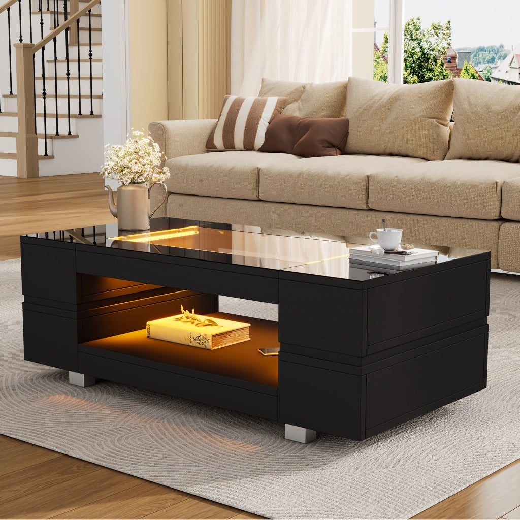 TAVOLINO DA CAFFÈ LED 100x50x35 cm Nero in truciolare e vetro temperato