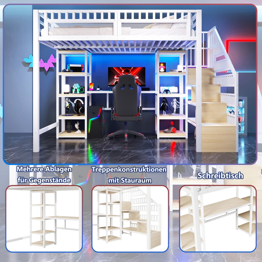Letto a soppalco 140x200 cm bianco con scrivania, LED e USB