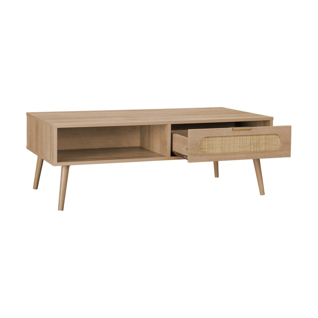Tavolino scandinavo in canna intrecciata, 1 cassetto, marrone naturale