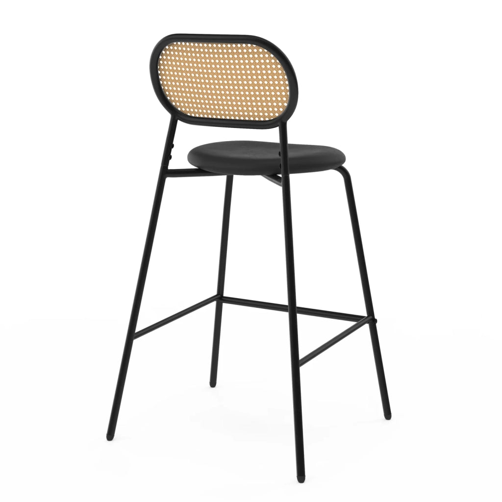 IDMarket - Set di 2 sgabelli da bar vintage CLOTILDE in metallo nero con schienale in canna