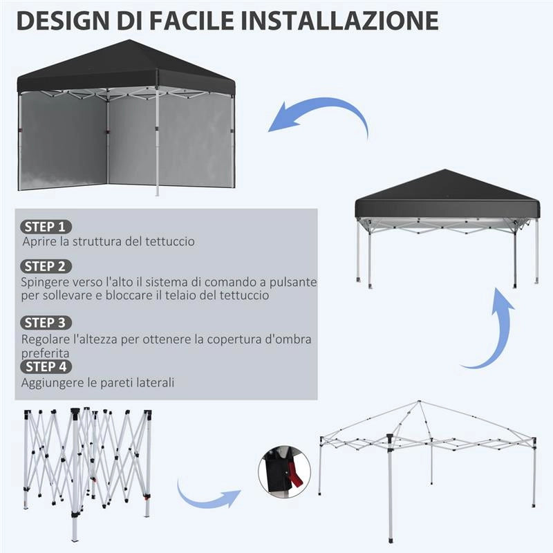 GAZEBO DA GIARDINO PIEGHEVOLE AD ALTEZZA REGOLABILE CON 2 PARETI E BORSA INCLUSA, 297X297X274 CM, NERO