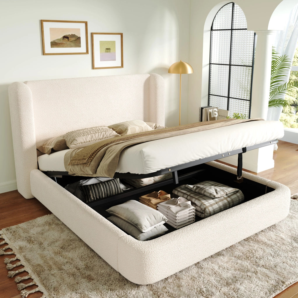 Letto imbottito beige Bouclé con contenitore idraulico