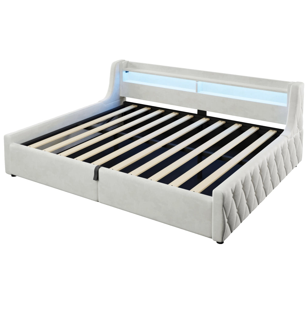 Letto imbottito 140x200 cm con contenitore idraulico; LED e flanella; Off White