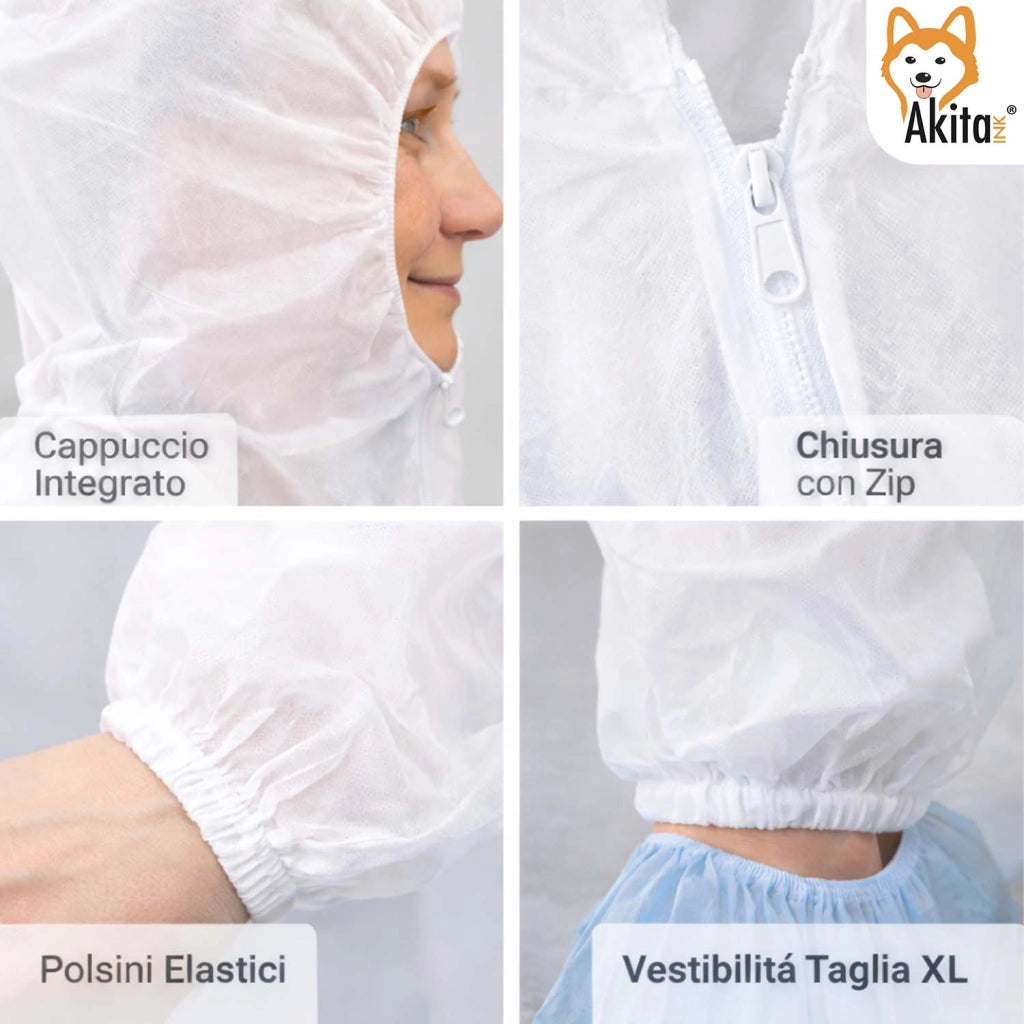 Akitaink Tuta Monouso in PP con Cappuccio e Zip 5 Pz Taglia XL
