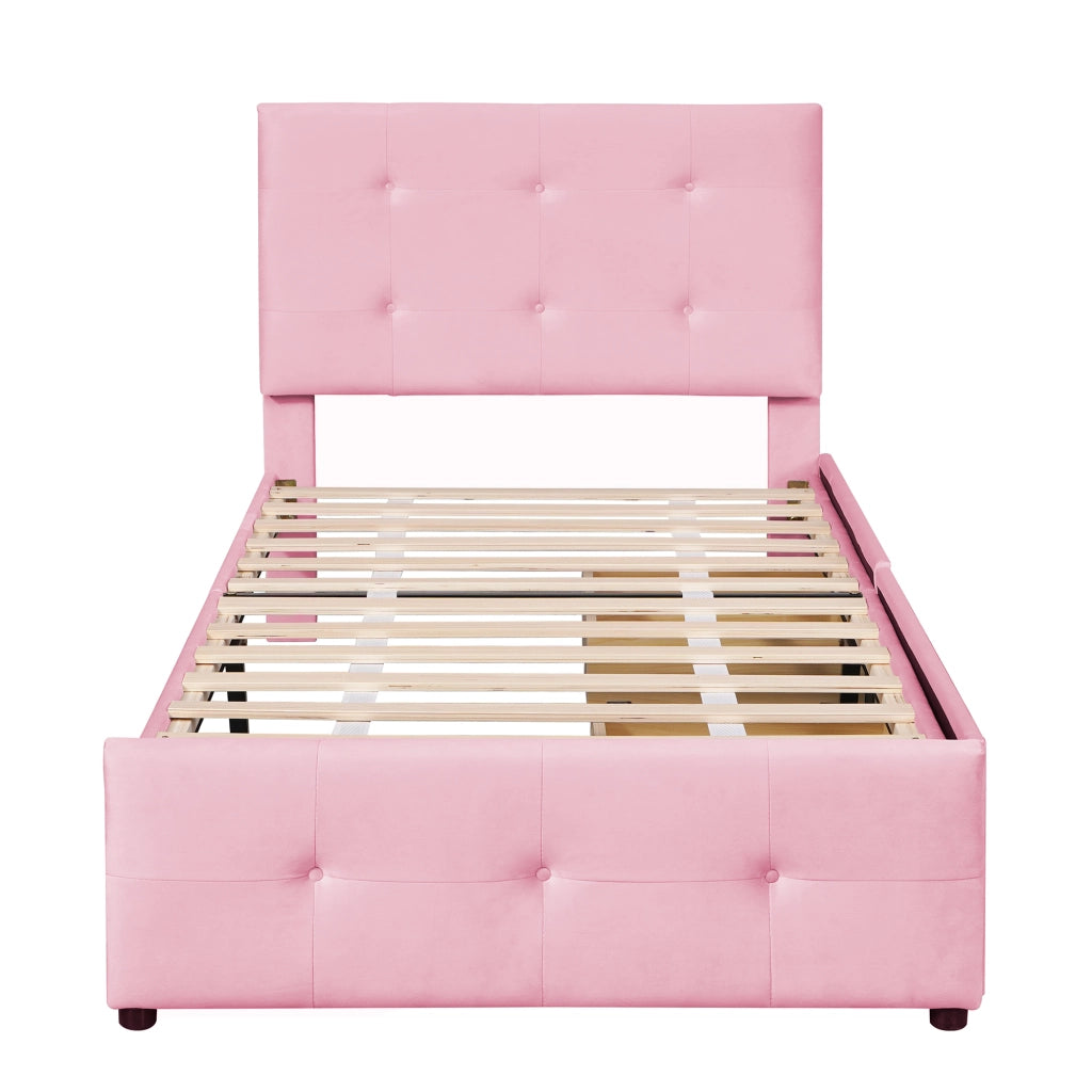 Letto imbottito rosa 90x200 cm con testiera; rete a doghe e cassetto contenitore
