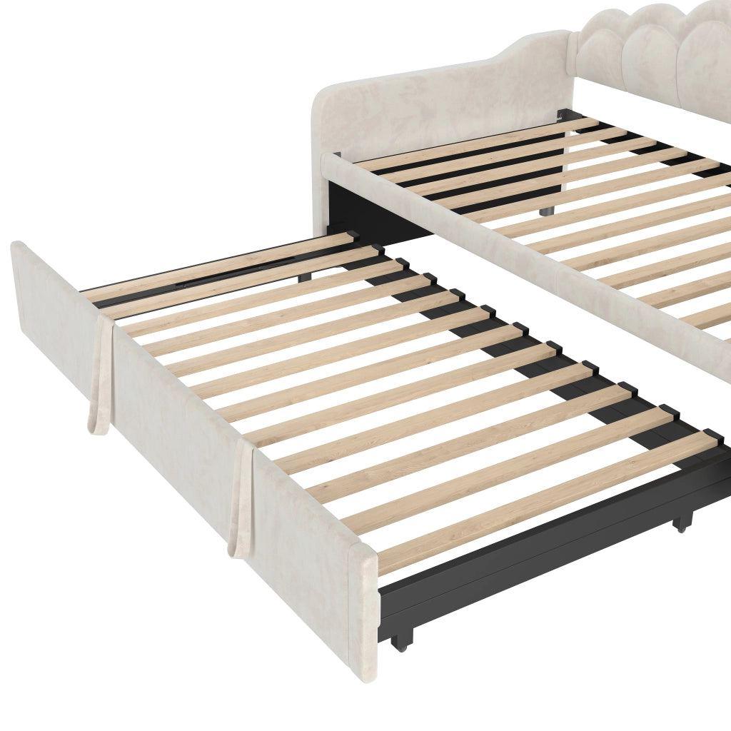Letto estraibile singolo 90×200 cm e 180×200 cm con LED regolabile; senza materasso; velluto; beige