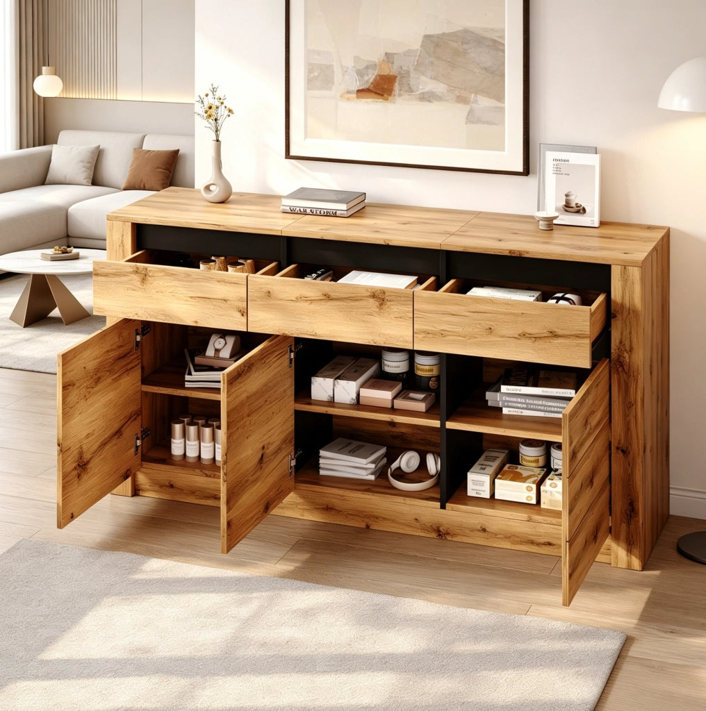 Credenza moderna in effetto legno ondulato con 3 cassetti