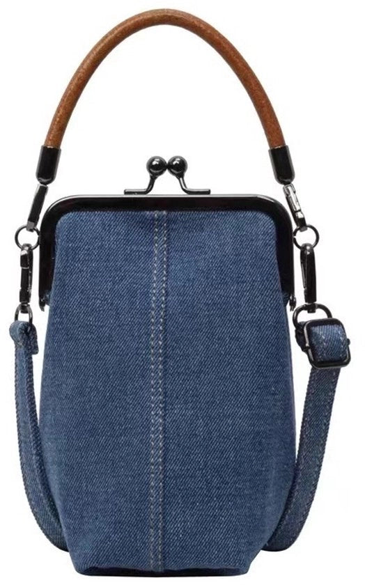 Borsa Denim per Telefono - Manico in Legno + Orlo in Metallo + Cinturino Allungabile - Borsa a Spalla / Borsa della Giornata / Tasca Denim / Accessorio per Telefono - Ideale per l'Uso quotidiano, Shopping & Tempo Libero