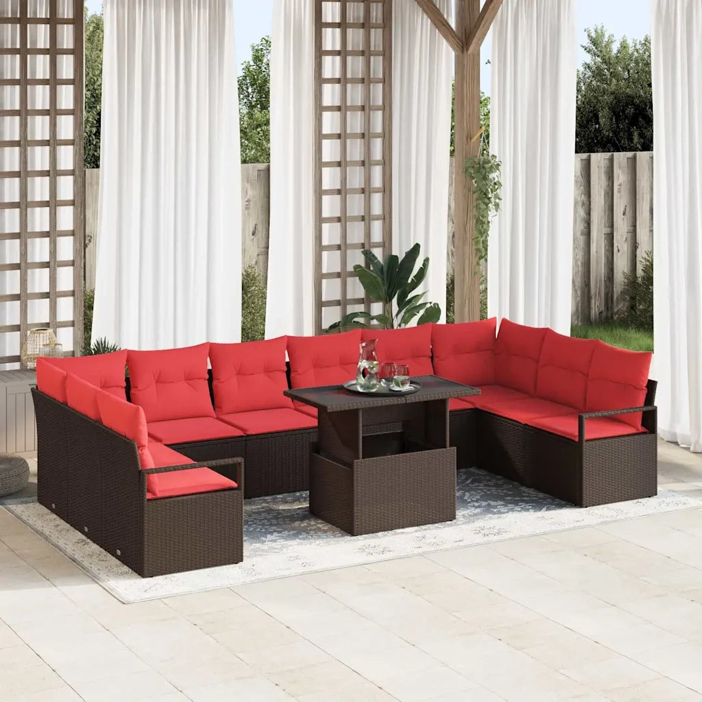 Set Divano da Giardino 11 pcs Marrone e Rosso polyrattan