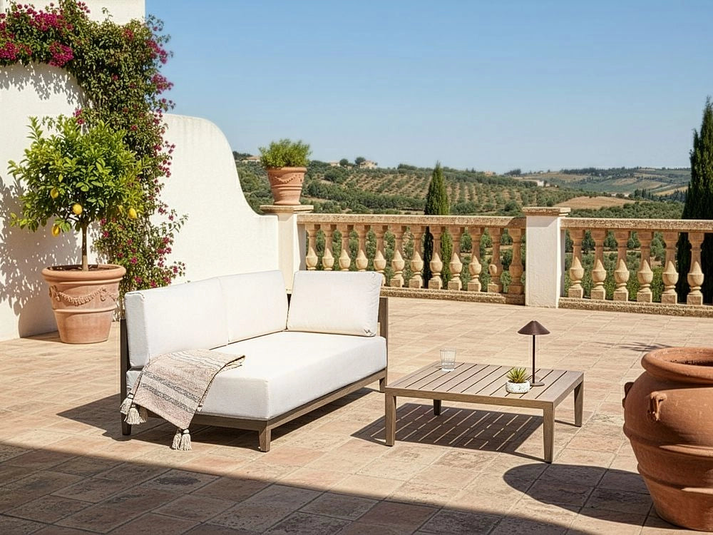 Divano da giardino con tavolino per esterni a 2 posti in alluminio con cuscini marrone chiaro stile moderno