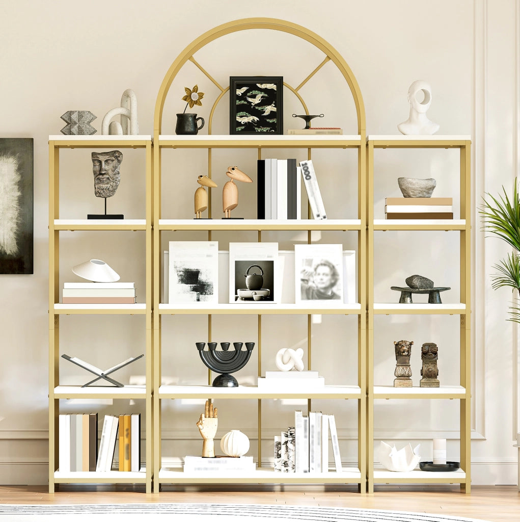 Libreria modulare 163x30x184 cm; 3 pezzi; metallo oro e MDF bianco